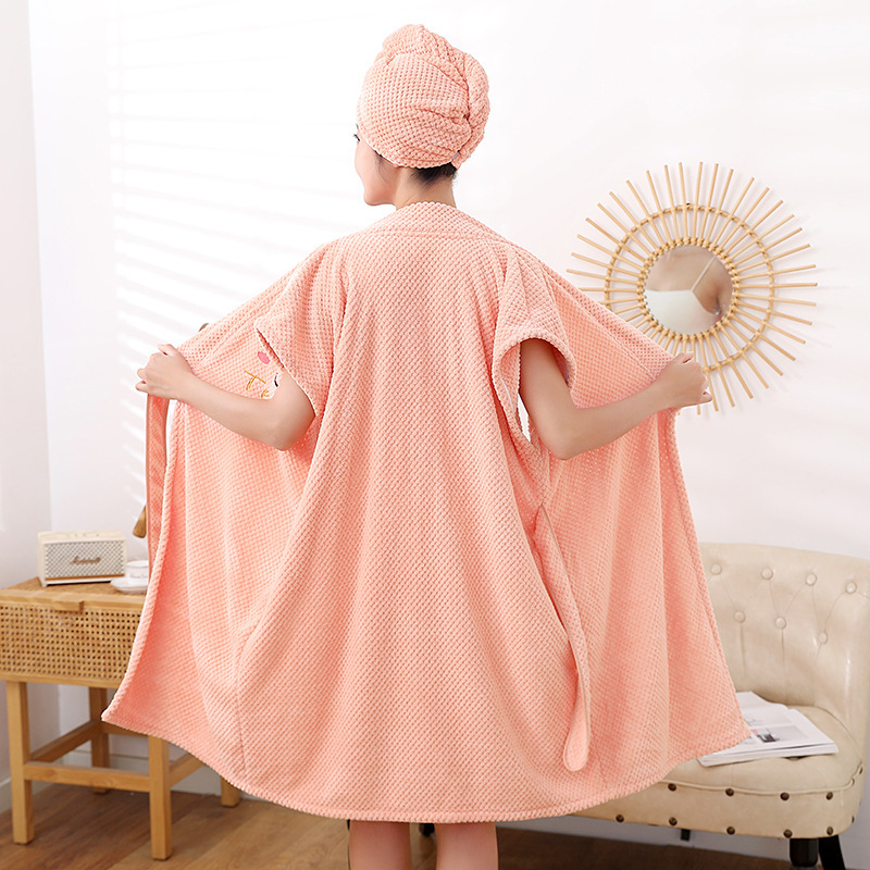 Pineapple Pattern Bathrobe for Women, Wearable and Wrapable, Coral Fleece Thickened Home-Use Bath Skirt with Cross Straps, Hair Drying Cap, Towel