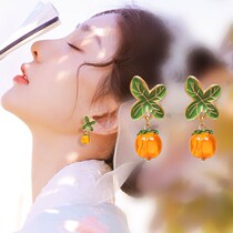 Earrings female summer round face new ancient style colored Glazed persimmon fashion cute long clip painless hole Fu Han clothes thin