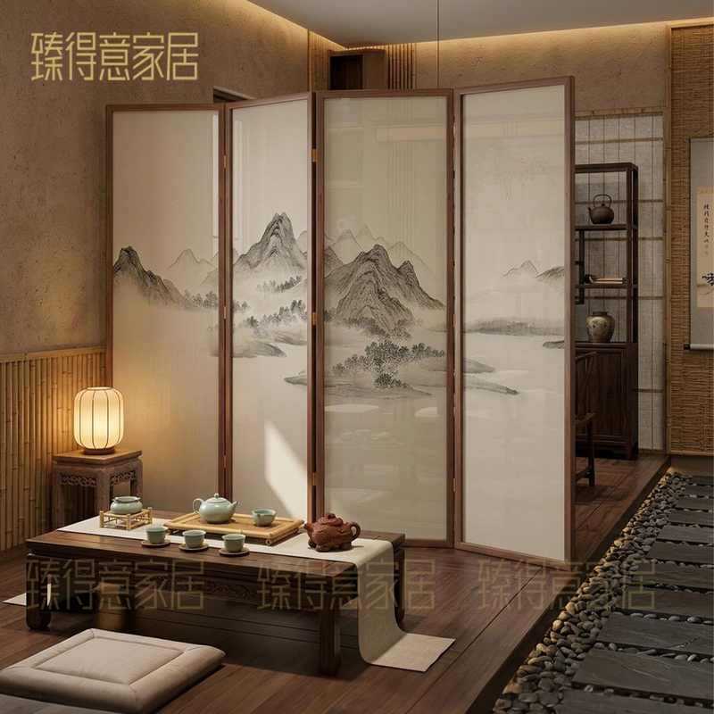 Song-Style Aesthetics, New Chinese-Style Classical Landscape Screen Partition, Lobby Hotel Front Desk Background Wall, Entrance Hall Tea Room Solid Wood