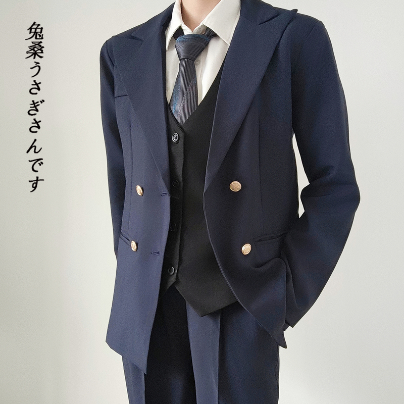 Rabbit Mulberry Dk Uniform Spring and Autumn Dk Uniform Top Suit Blue Male School Style Double-Breasted Suit Jacket