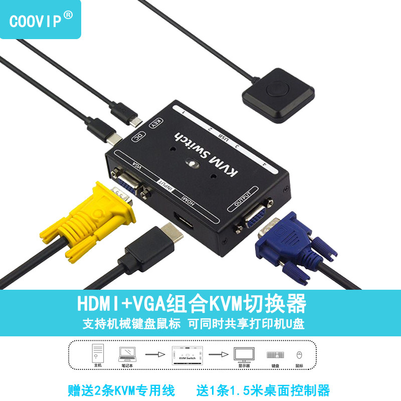 kvm switcher 2 ports vga hdmi two-in-one combination switcher 2 hosts notebook surveillance video recorder sharing a set of keyboard mouse monitor printer U disk multi-computer sharing