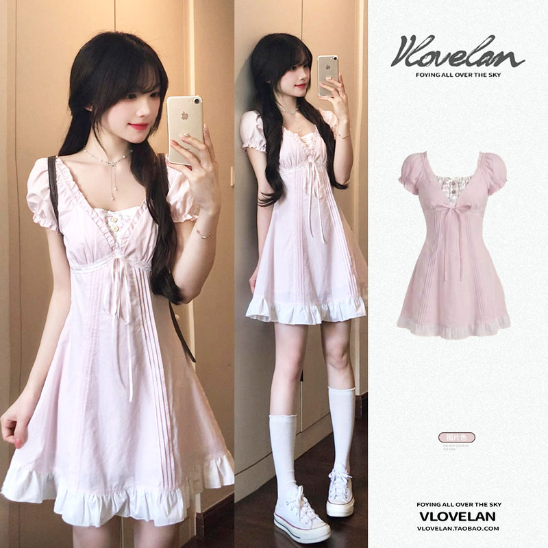 French-Style Sweet Square-Neck Dress with Ruffled Edges and Puff Sleeves for Women, New Summer Model, Very Beautiful, Waist-Cinching, Slimming Short Dress French-Style Sweet Square-Neck Dress with Ruffled Edges and Puff Sleeves for Women, New Summer Model, Very Beautiful, Waist-Cinching, Slimming Short Dress