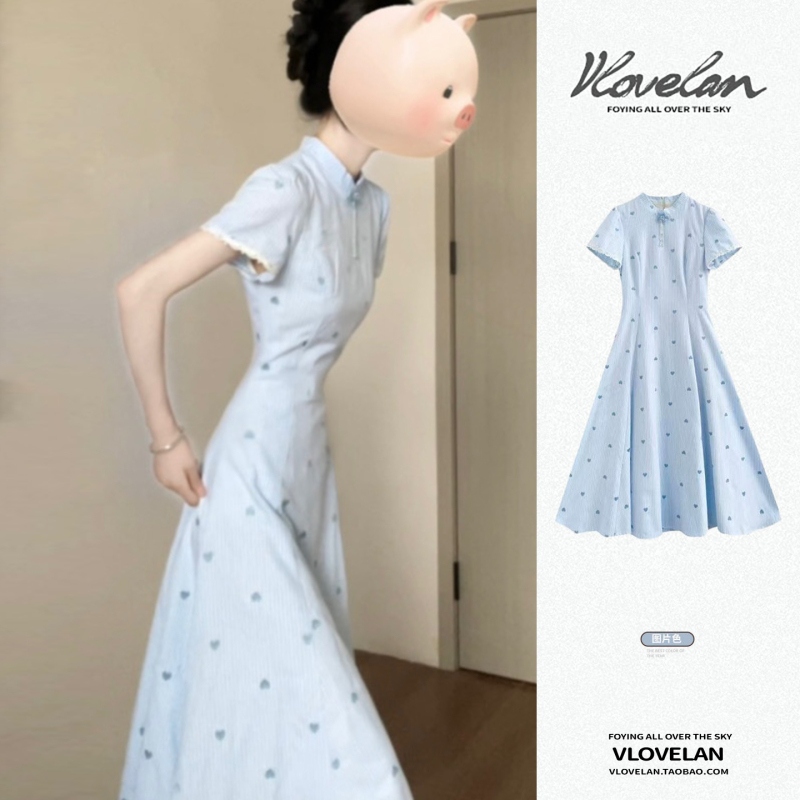 French-Style Blue Polka-Dot Short-Sleeved Dress for Women, New Summer Design, Unique and Beautiful, Slim-Fitting Long Dress