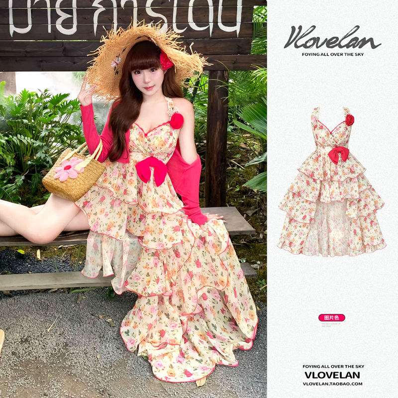 French Romantic Vacation Style Floral Suspender Dress for Women, New Summer Style, Niche and Unique, Slimming and Stunning Long Dress French Romantic Vacation Style Floral Suspender Dress for Women, New Summer Style, Niche and Unique, Slimming and Stunning Long Dress