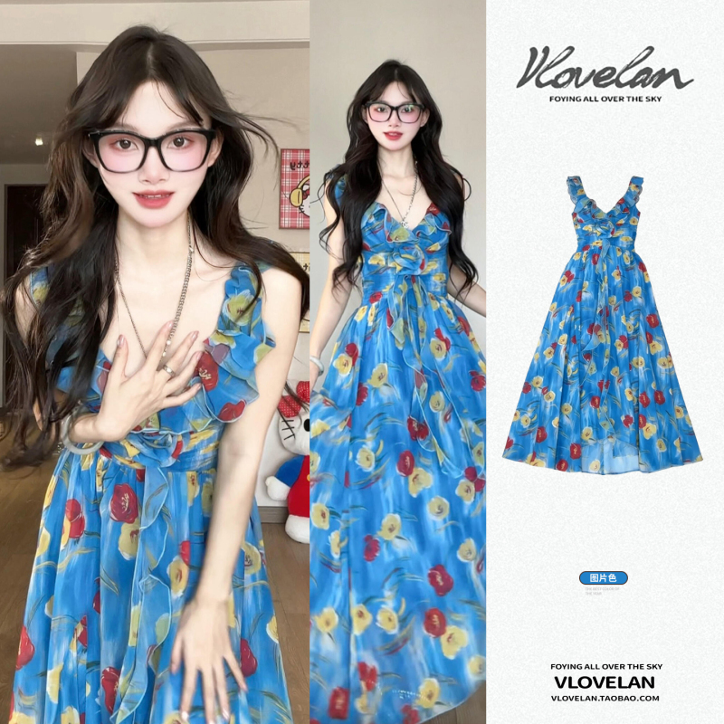 French Resort-Style Blue V-Neck Floral Spaghetti Strap Dress for Women, Summer Dopamine Outfit, Slimming Beach Maxi Dress French Resort-Style Blue V-Neck Floral Spaghetti Strap Dress for Women, Summer Dopamine Outfit, Slimming Beach Maxi Dress