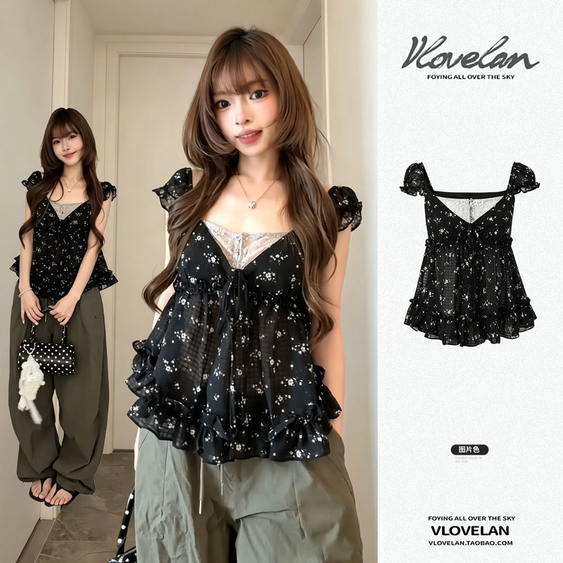 Korean-Style Floral Fake Two-Piece Ruffled Doll Shirt Short-Sleeve T-Shirt for Women, New Summer Model, Unique and Beautiful Slimming Top Korean-Style Floral Fake Two-Piece Ruffled Doll Shirt Short-Sleeve T-Shirt for Women, New Summer Model, Unique and Beautiful Slimming Top