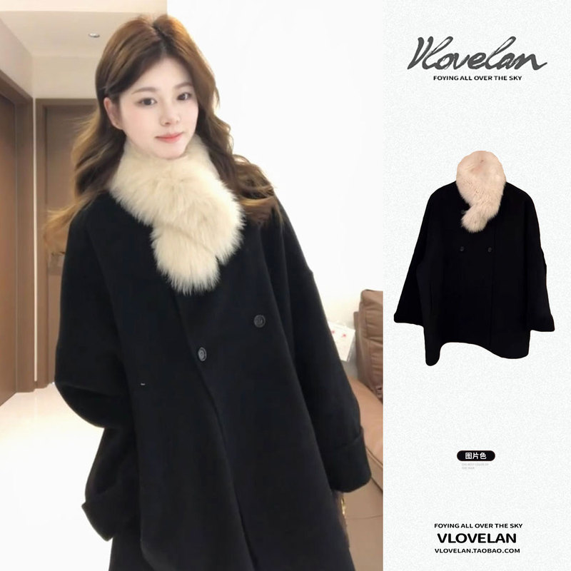 Winter 2026 New Black Fur Collar Woolen Coat for Women, High-End Thickened Warm Mid-Length Woolen Coat
