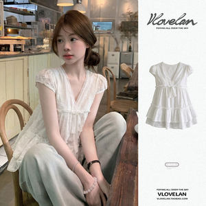 French-Style Gentle White V-Neck Lace Patchwork Short-Sleeve Shirt for Women, Summer 2026 New Model, Waist-Cinching Slimming Top