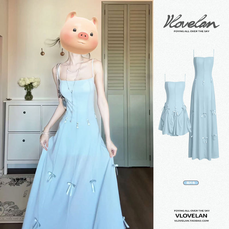Blue Seaside Resort Style Suspender Dress for Women, Summer Design, Niche Pure Desire Bow-Tie Waist-Cinching Long Dress
