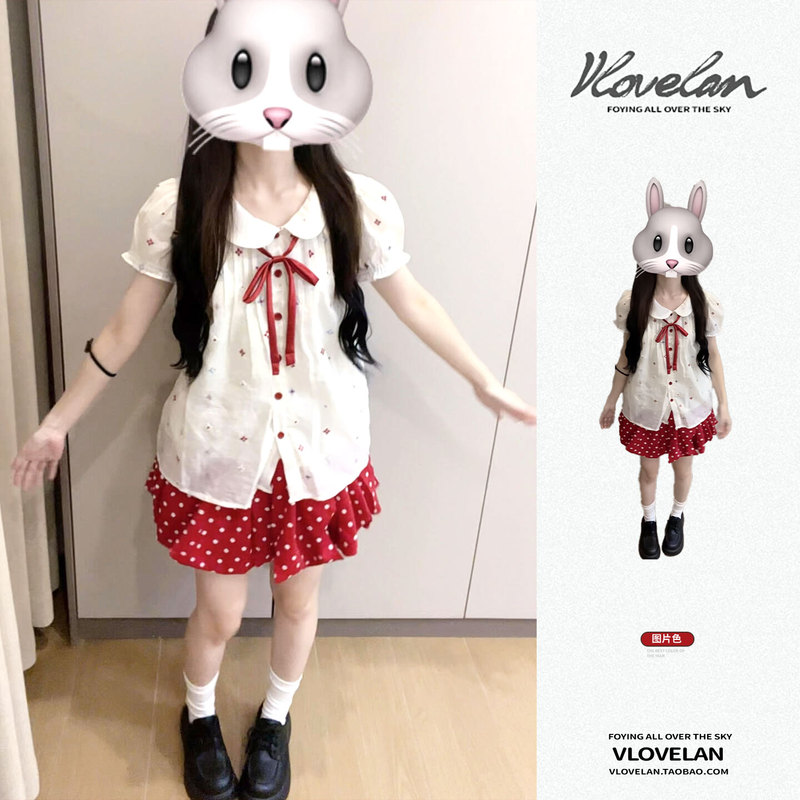 2026 Super Trendy Summer Outfit Set for Women, Sweet Style Doll Collar Bow Shirt and Polka Dot Skirt, Stunning Set