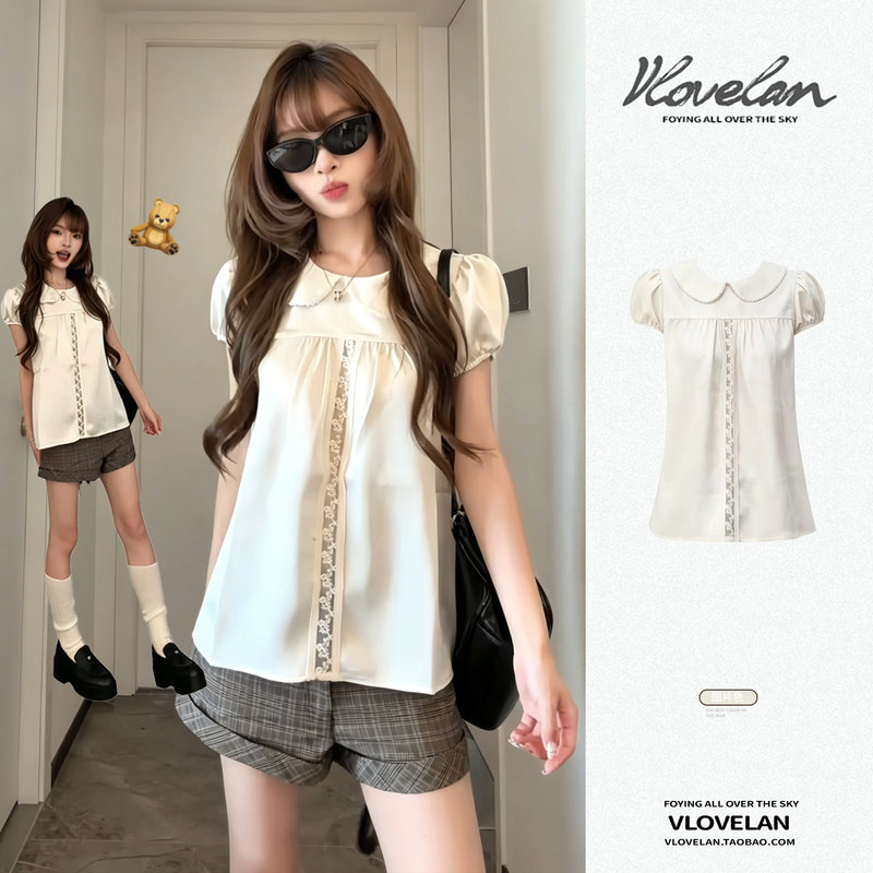 French-Style White Doll Collar Lace Patchwork Short-Sleeve Shirt for Women, New Summer Style, Perfect for Petite Figures, Stunning and Beautiful Top French-Style White Doll Collar Lace Patchwork Short-Sleeve Shirt for Women, New Summer Style, Perfect for Petite Figures, Stunning and Beautiful Top