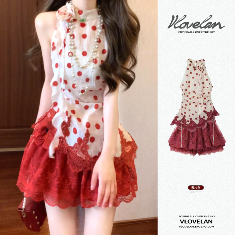 French Polka Dot Halter Neck Sleeveless Vest for Women 2026 New Style Red Lace Splicing Cake Skirt Two-Piece Suit Summer French Polka Dot Halter Neck Sleeveless Vest for Women 2026 New Style Red Lace Splicing Cake Skirt Two-Piece Suit Summer