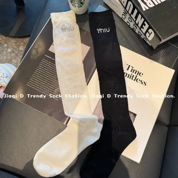Summer Ultra-Thin Rhinestone Letter Calf Socks, Simple Seamless Breathable Pure Desire Slouch Socks, Sun Protection Versatile