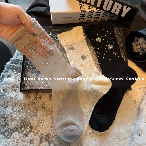 Ultra-Thin Spring and Summer Simple Gold Letter Print Socks, Mid-Calf Women's Trendy Ins Breathable Thin Silk Hollow Lace Trendy Socks