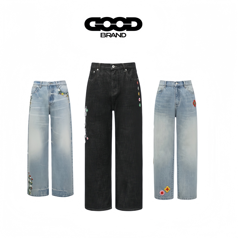 Authentic Goodbrand 2025Ss Vine-Encircled Light Luxury Floral 3D Embroidery Vintage Denim Pants
