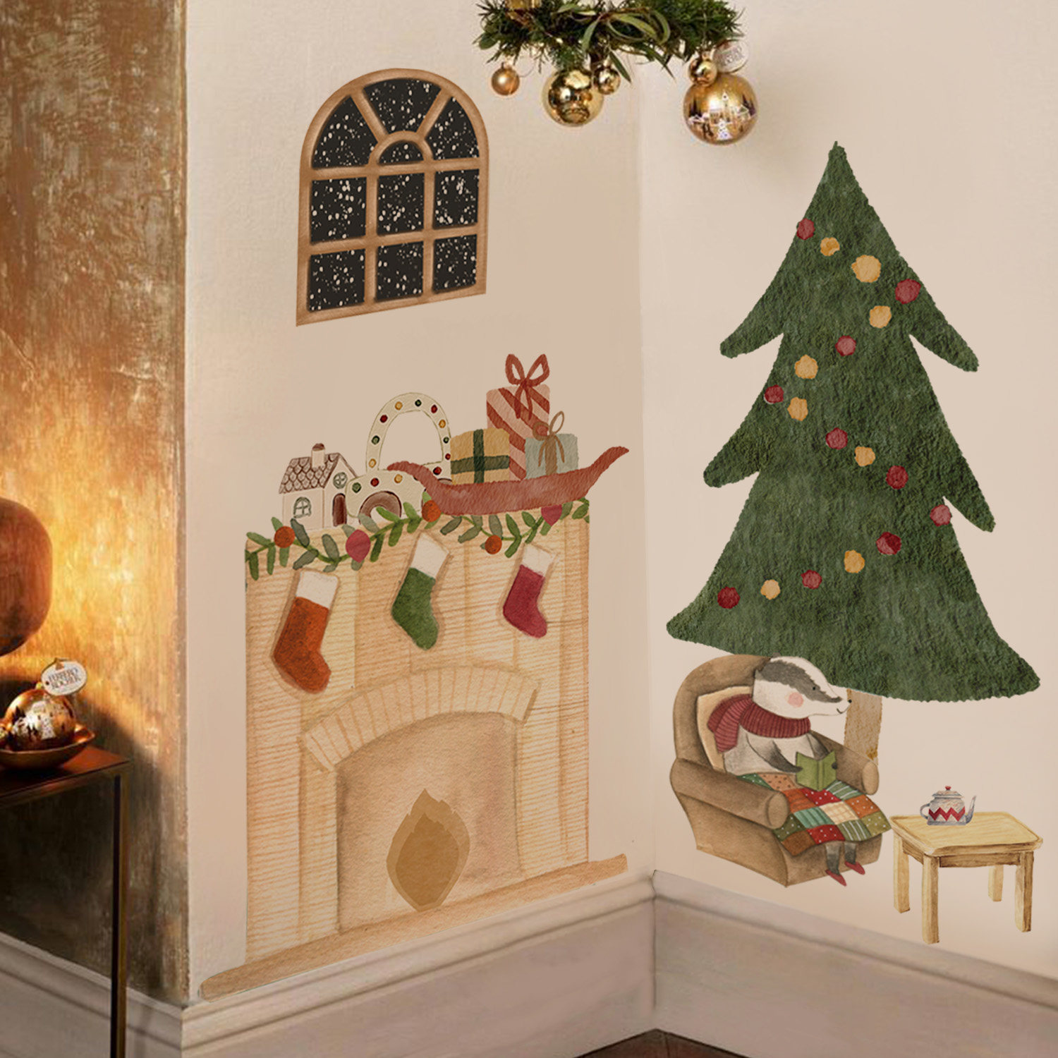 メリークリスマス！デンマークの絵本風クリスマスホットココアブッククラブの子供部屋用ウォールステッカーデコレーション