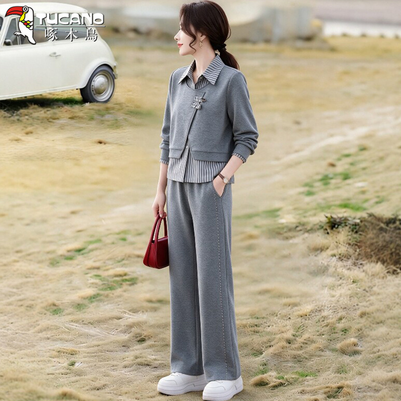 Woodpecker Early Autumn Lapel Casual Suit for Women 2026 New Fashionable Fake Two-Piece Shirt Wide-Leg Pants Two-Piece Set