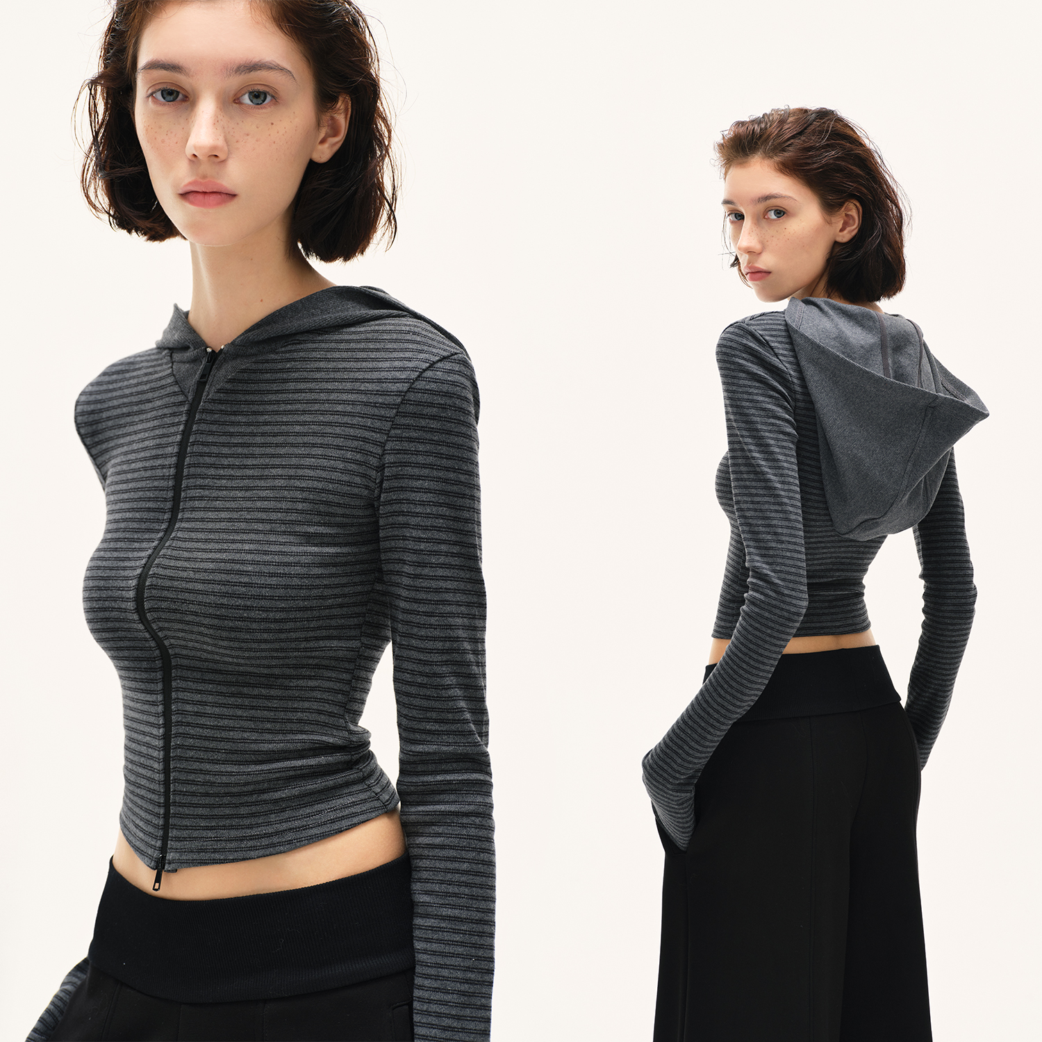 KVKV ストライプスリムパーカー グレー ショート アメリカンスタイル 2025 新ショルダー スリム ハイエンド フード付きスウェットシャツ レディース