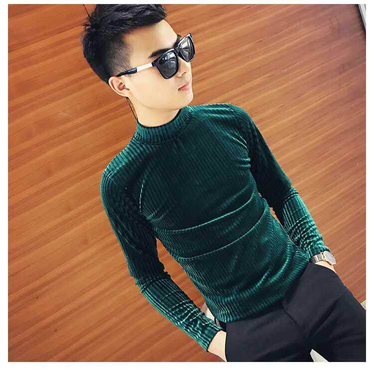 Spring and Autumn Social Spirit Guy Gold Velvet Thin Section High Neck Long Sleeve T-Shirt Men's Korean Version Trend Slim Fit Handsome Bottoming Shirt