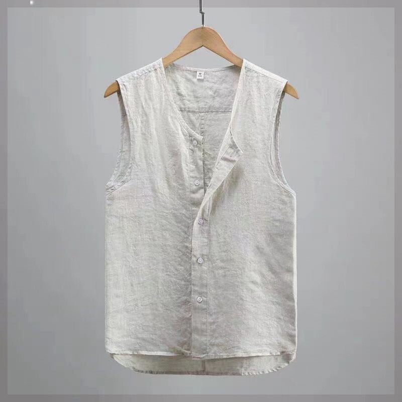 Men's Cotton and Linen Vest, Retro Style Top, Summer Thin Sleeveless Vest, Collarless Cardigan, Trendy Button-Up Fashion