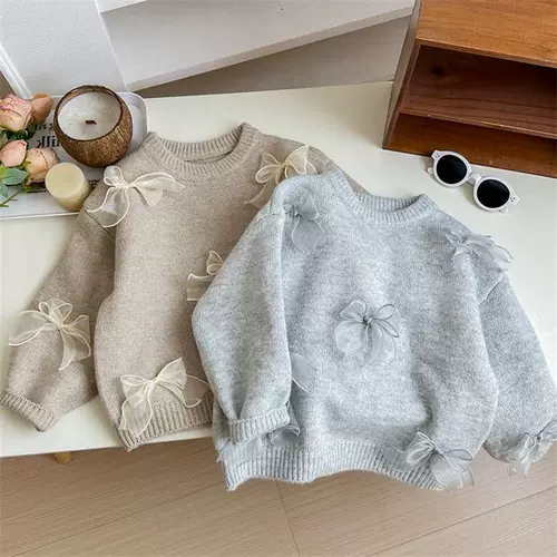 Зимний трикотажный детский свитер с бантиком для девочек, увеличенная толщина, детская одежда