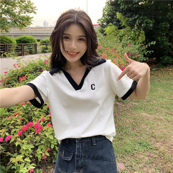 Hot girl sweet and cool polo shirt V-neck short-sleeved T-shirt for women 2023 summer new style lapel slim casual versatile top trend