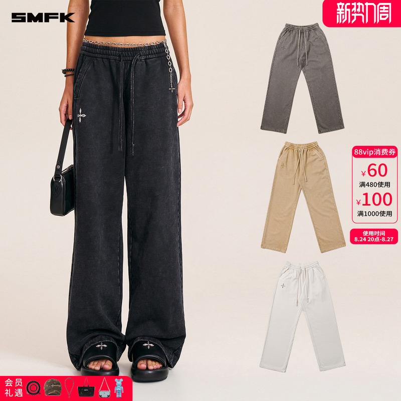 Smfk Wild Retro Wide Straight-Leg Sweatpants/Retro Dyed Faded Pv001B Washed Distressed Drawstring Casual Pants Smfk Wild Retro Wide Straight-Leg Sweatpants/Retro Dyed Faded Pv001B Washed Distressed Drawstring Casual Pants
