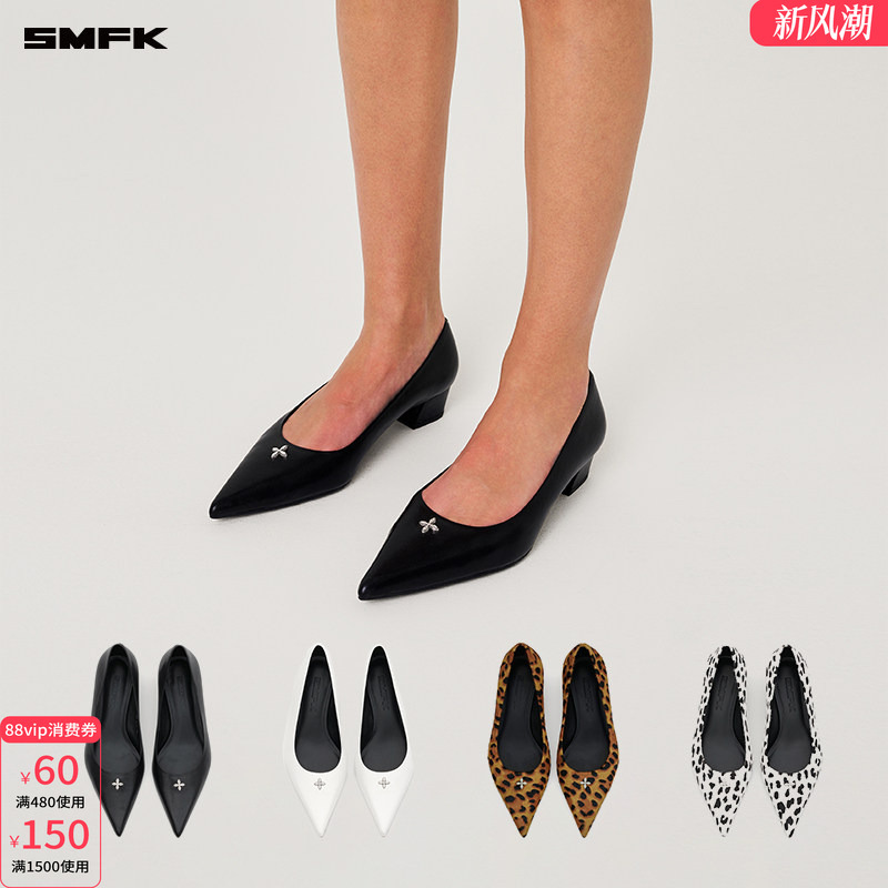 Smfk Cross Rivet Classic Leather High Heels 3cm Women's Shoes Sh003Bf/Wf Shallow Pointed Toe Chunky Heel Single Shoes
