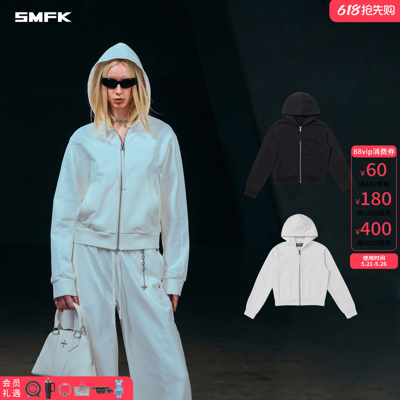 Smfk Meditation Zipper Hoodie Chv06W1/B1 Celebrity Style Solid Color Embroidered Sweatshirt Short Jacket