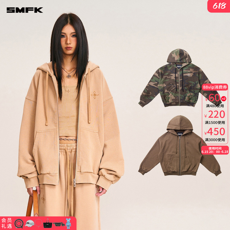 Smfk Cross Statue Wide-Body Zip-Up Hoodie Ch005S1/Dk/Cf Embroidered Pure Cotton Casual Cardigan Jacket Autumn Smfk Cross Statue Wide-Body Zip-Up Hoodie Ch005S1/Dk/Cf Embroidered Pure Cotton Casual Cardigan Jacket Autumn