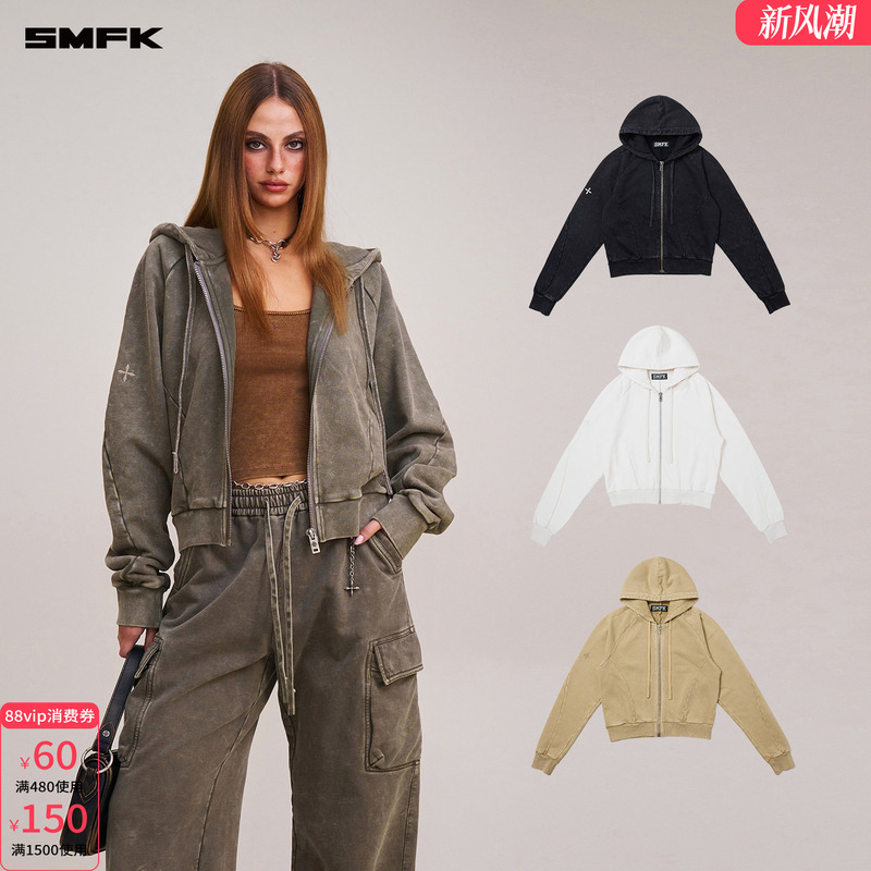 [Same Style as Wang Yuwen] Smfk Wild Retro Classic Zip-Up Hoodie Chv06B Dyed and Faded Jacket in Four Colors