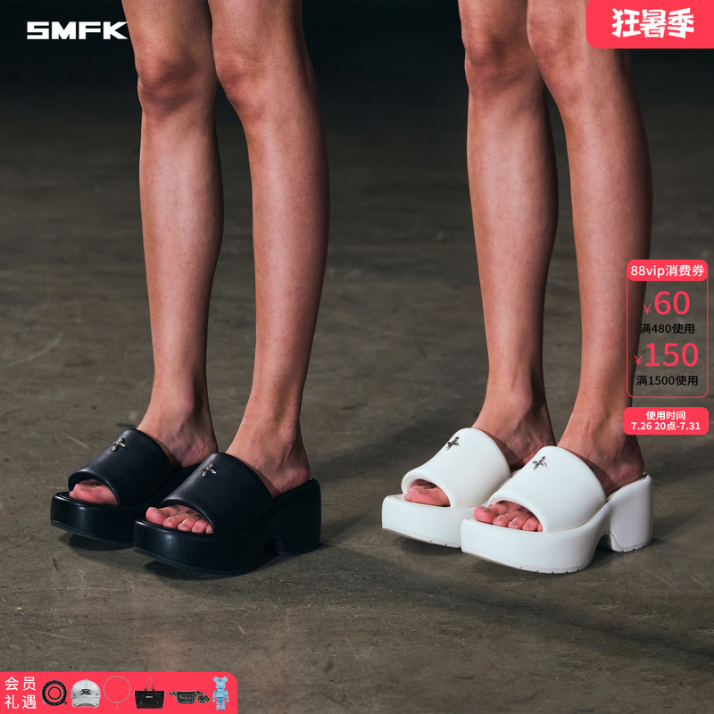 Smfk Smooth Leather High-Heeled Slippers Sl007B/7W Black and White Cowhide Thick-Soled Flip-Flops [Slippers Collection]