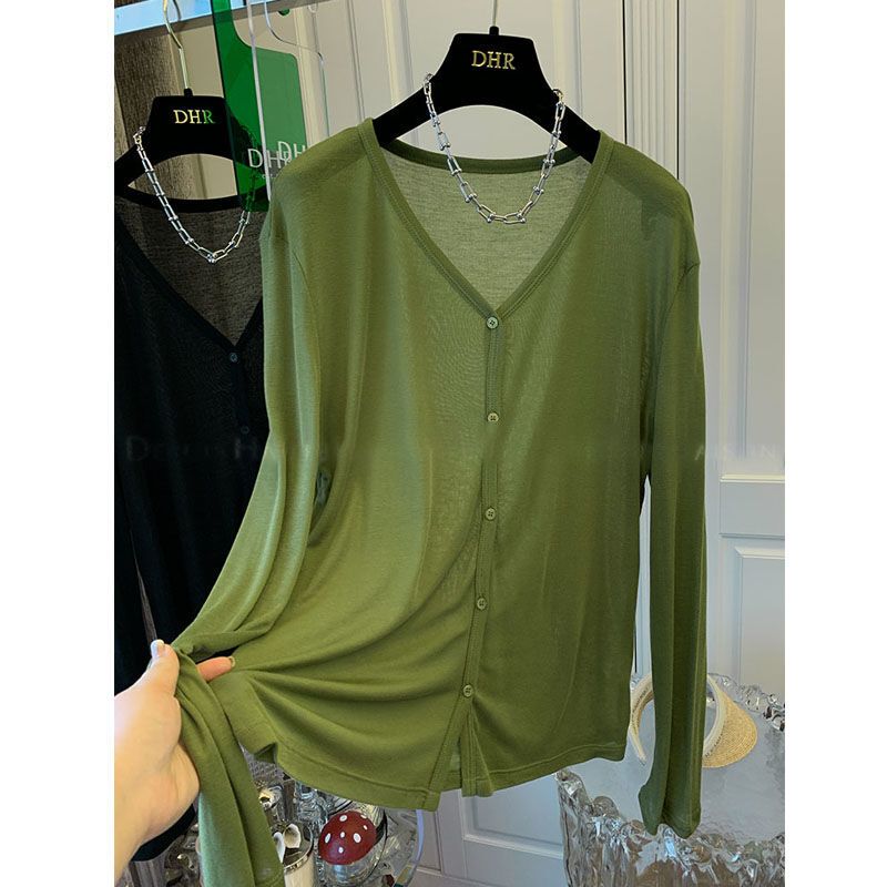 Extra Large Size 150kg Lightweight Ice Silk V Neck Long-Sleeved Sun Protection Clothing for Fat Girls in Summer Slightly See-Through Air-Conditioned Cardigan Jacket