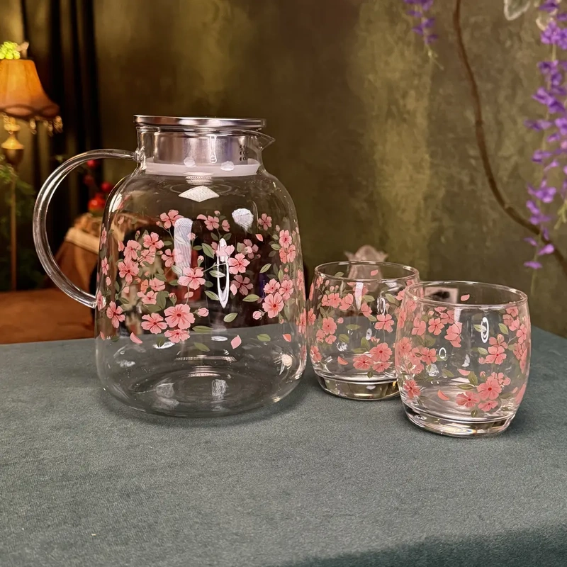 Pink Cherry Blossom Style One Pot with 2 Cups, Floral ins Style Heat-Resistant High Borosilicate Glass Water Kettle, Large Capacity Water Kettle Set