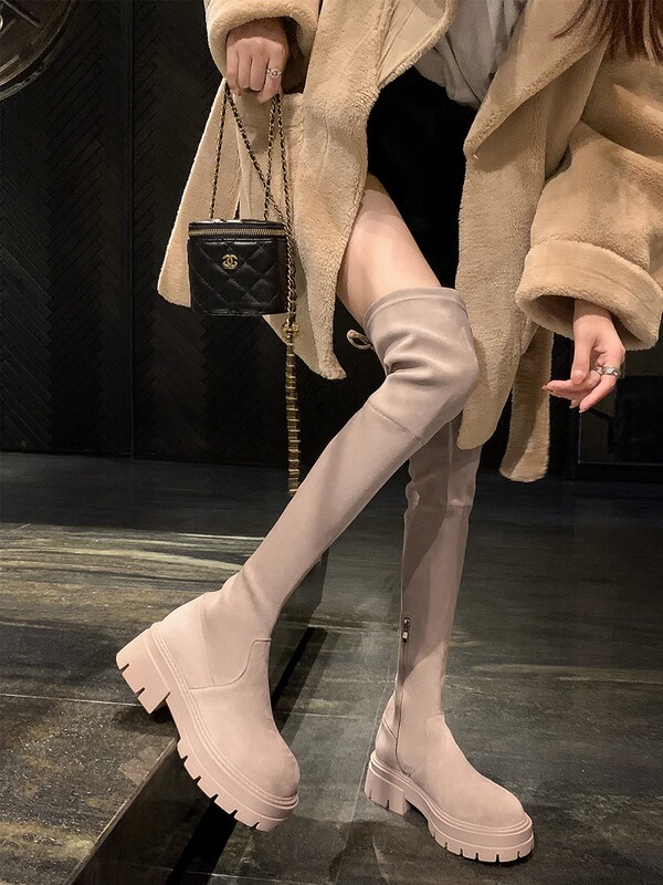 Fashionable Thick-Soled Over-The-Knee Boots for Women, 2026 Spring New European and American Style, Chunky Heel, Stretchy Boots, Elegant and Versatile Long Boots