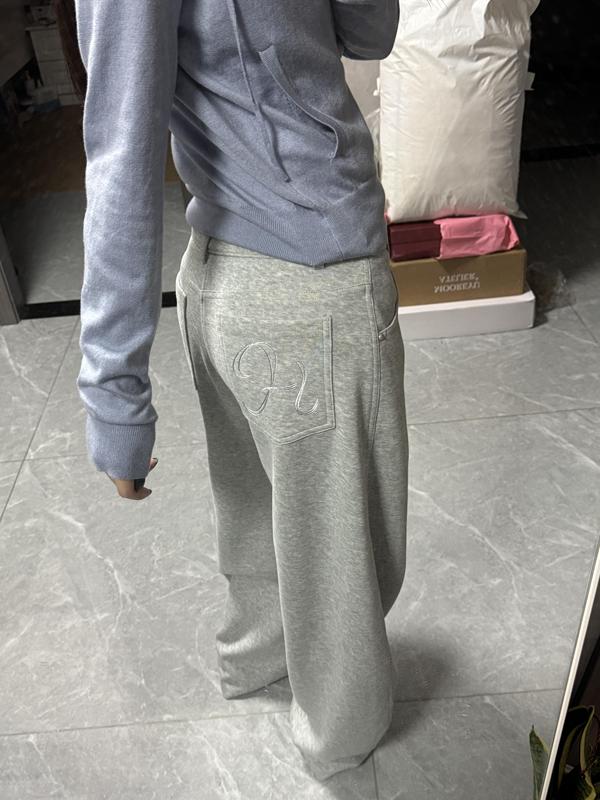 Sun11【Embroidered Walking Pants】370G Heavyweight Loose Gray Sweatpants for Women Autumn Casual Wide-Leg Sweatpants
