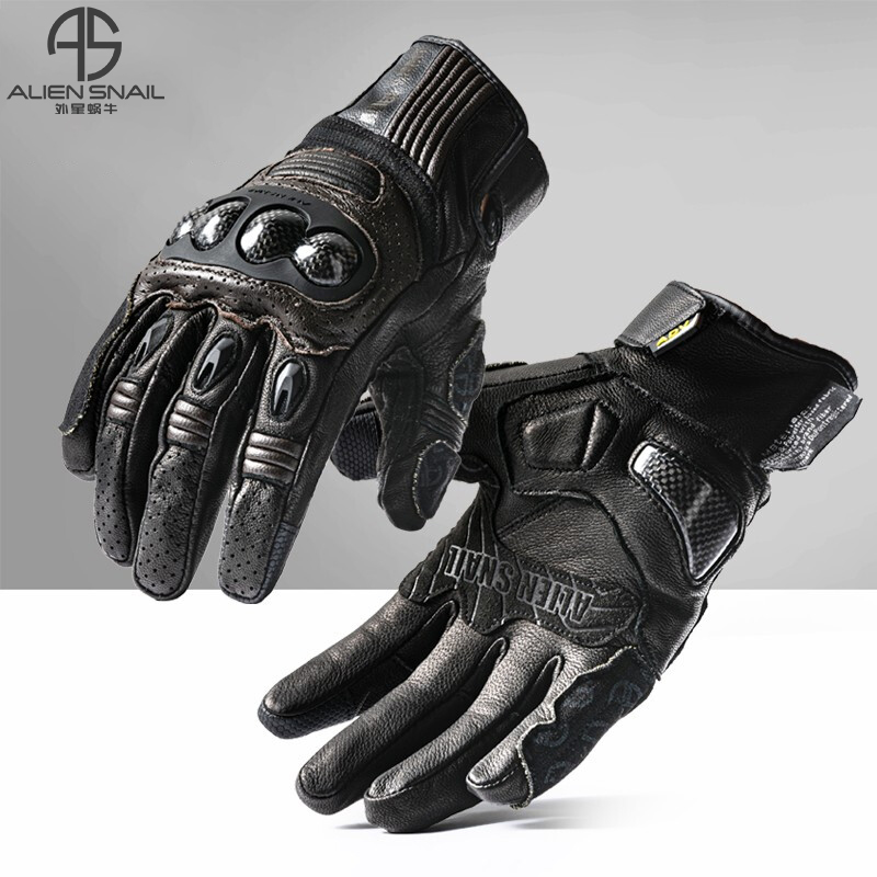 Alien Snail AT80 Pull Short Lamb Leather Locomotive Gloves Carbon Fiber Maintenance Shell Anti-Touch Screen Rider Gloves
