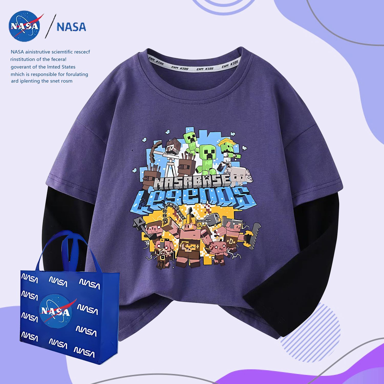 Nasa Minecraft Steve Crew Neck Casual Children's Long Sleeve T-Shirt Pure Cotton Spring and Autumn Children's Fake Two-Piece Top