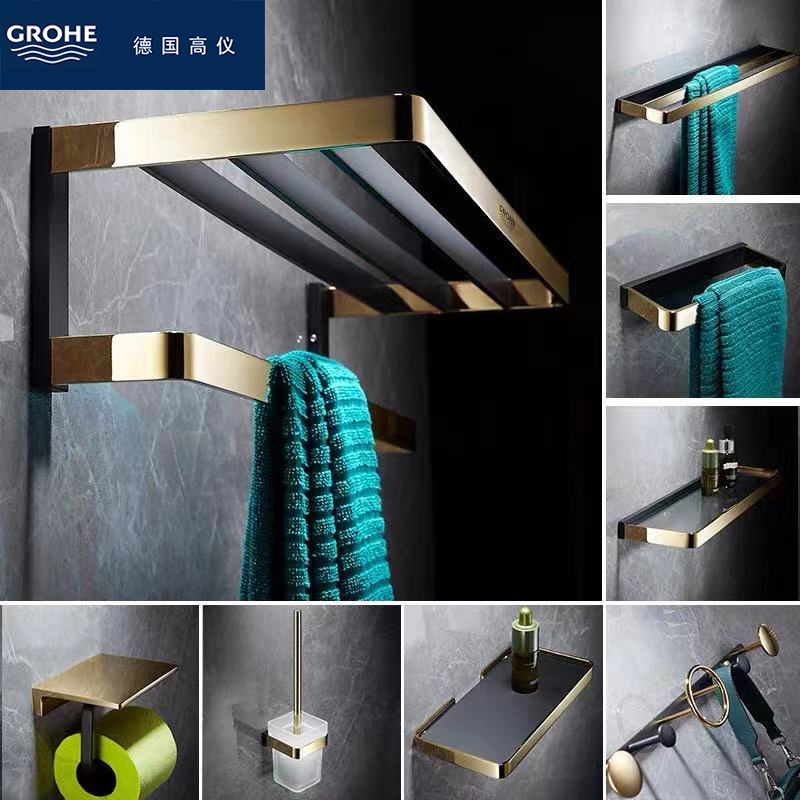 German big-name solid copper towel rack high-end light luxury bath towel rack black and gold powder room bathroom rack set