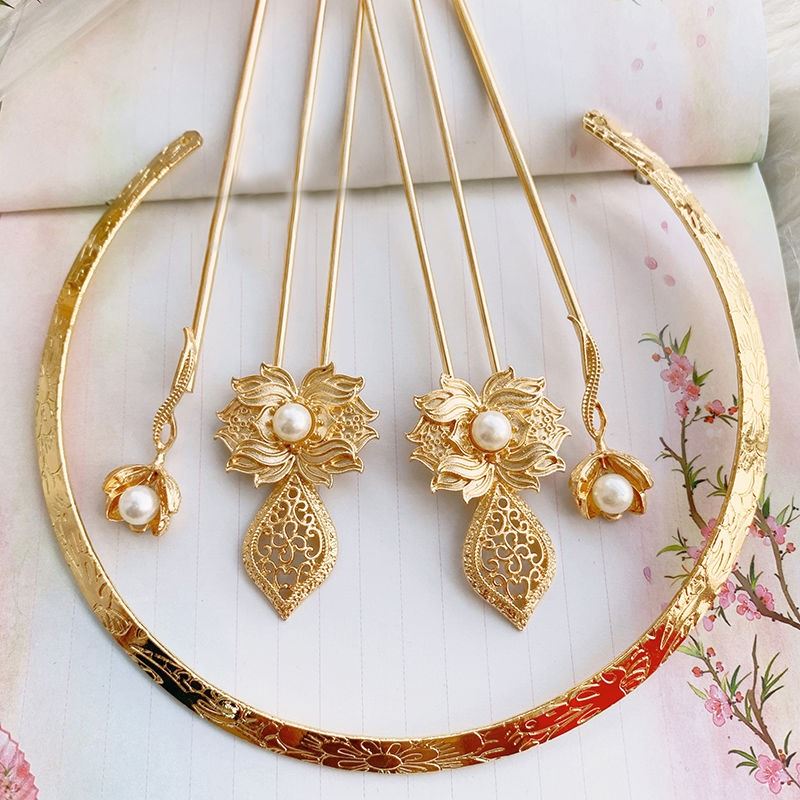 images 3:Tang Fengdun brilliantly led the decorative costume headdresser gold ring carved flower leaves ancient hairpin hairpin fabric hairpin set