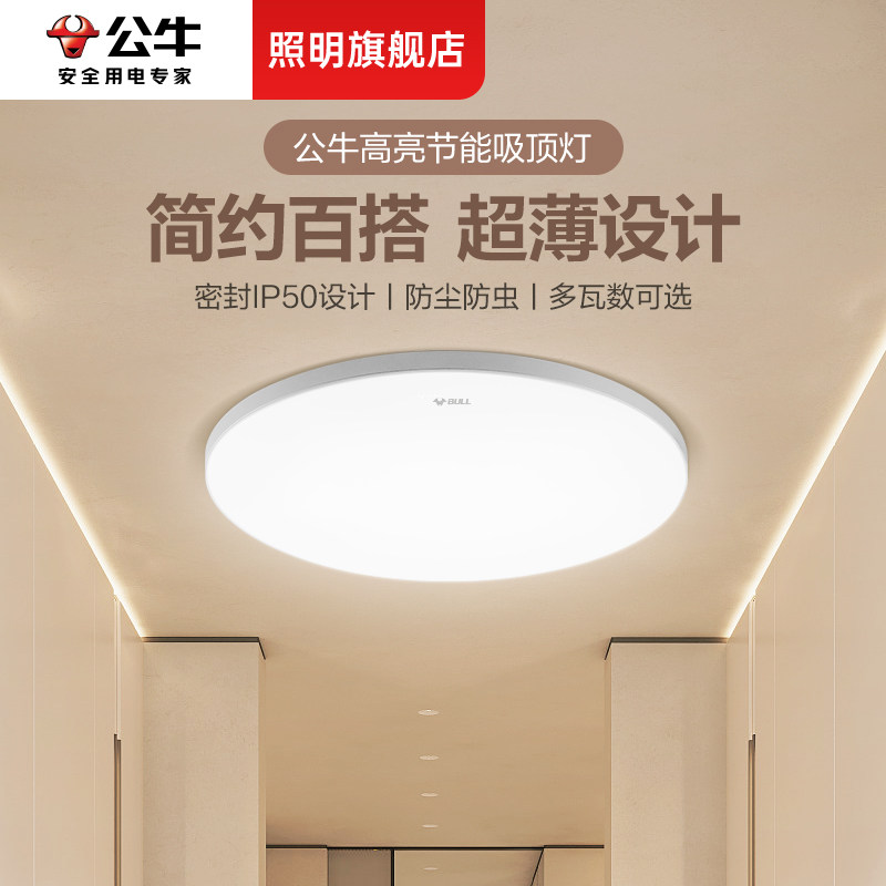 公牛简约现代阳台过道灯入户玄关走廊衣帽间吸顶灯超薄防蚊虫三防