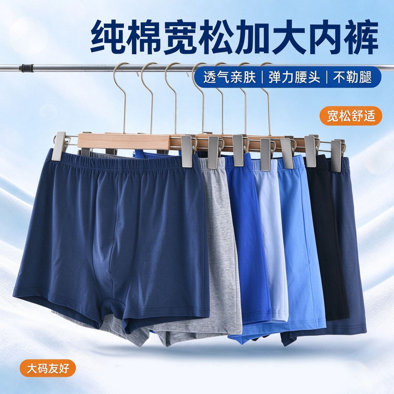 Middle-Aged and Elderly Men's Underwear 100% Pure Cotton Breathable High-Waisted Boxer Briefs Men's Large Size Dad's Loose Cotton Boxer Shorts