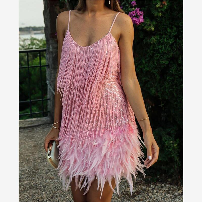 European and American Fashion Tassel Sequin Feather Patchwork Dress Pink Spaghetti Strap Dress Pink Tassel Dress
