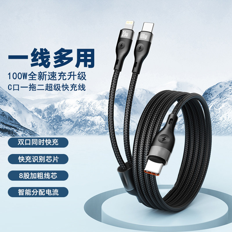 Anker 100W Fast Charging Dual-C Port Cable for Tablets and All Apple Devices, Non-Damaging 2-in-1 Data Cable, Car Charging Cable