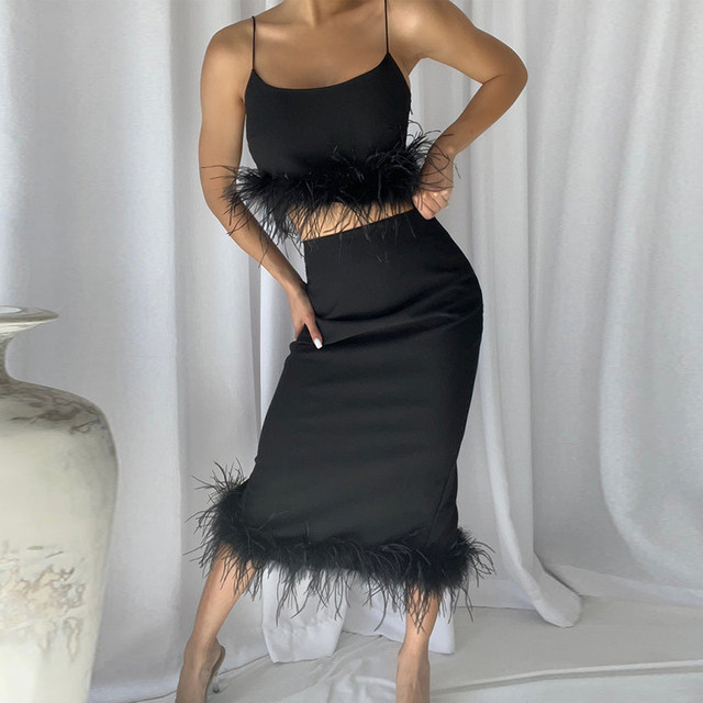 Sexy hot girl ostrich feather camisole hip-covering skirt suit female socialite temperament white feather two-piece set