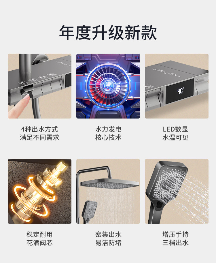 Термостатический набор 增压钢琴按键枪灰家用全铜智能恒温数显花洒套装卫生间沐浴淋浴器 JOMBRW