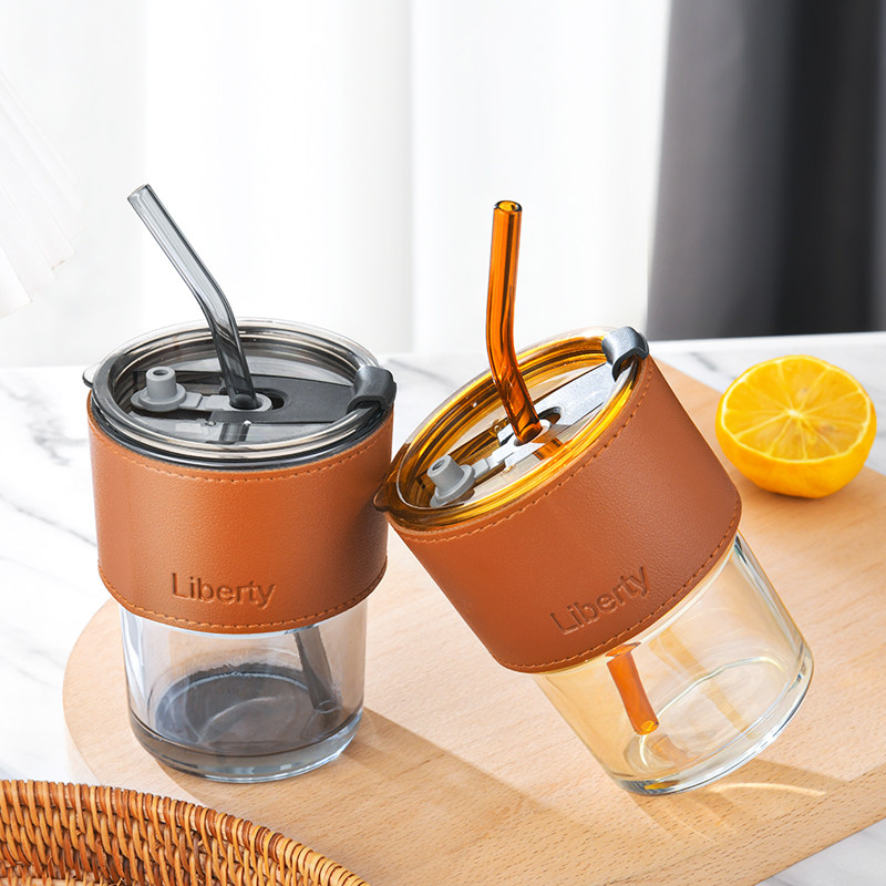 Colorful high-value amber northern lights retro bamboo fashion high temperature resistant covered glass drinking straw cup coffee cup