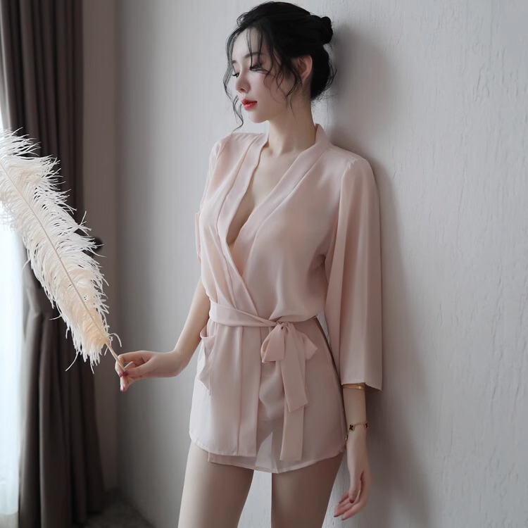 Japanese-Style Ice Silk Pajamas for Women, Summer Nine-Quarter Sleeves, 2026 New High-End Semi-Transparent Sexy Lace-Up Short Nightgown