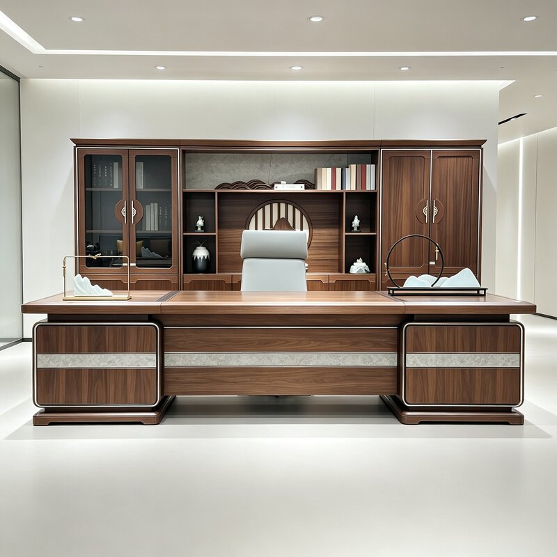 New Chinese-Style Solid Wood Executive Desk, Walnut Rectangular Office Desk with Storage Cabinet, Executive Desk, Office Furniture