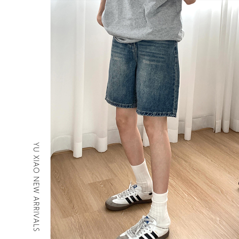 Vintage Blue High-Waisted Denim Shorts for Women, Summer Plus Size, Slimming for Pear-Shaped Body, Loose Wide-Leg Mid-Length Shorts